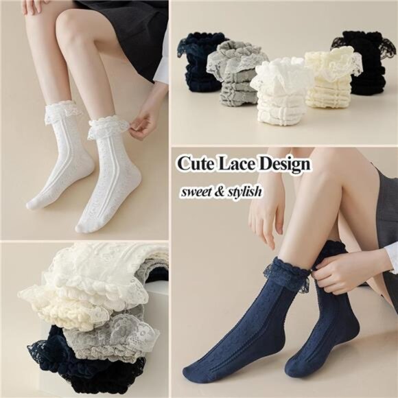 Womens Crew Socks Lace Ruffle Frilly Cotton Cute Princess Ankle Dress - Picture 3 of 7